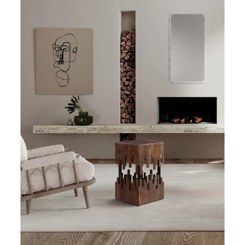 Tavolino laterale decorativo da 24 pollici, legno di acacia marrone, piano quadrato a doghe, silhouette astratta realizzata a mano, ferro nero