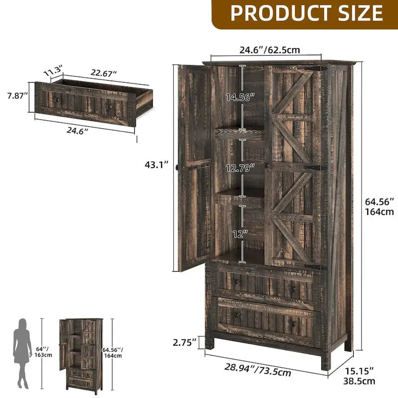 64 Mobiletto alto da cucina in stile fattoria con 2 cassetti e ante